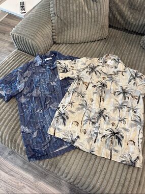 Caribbean Short-Sleeve Button-Down Shirt Duo - Blue & Beige Palm Prints